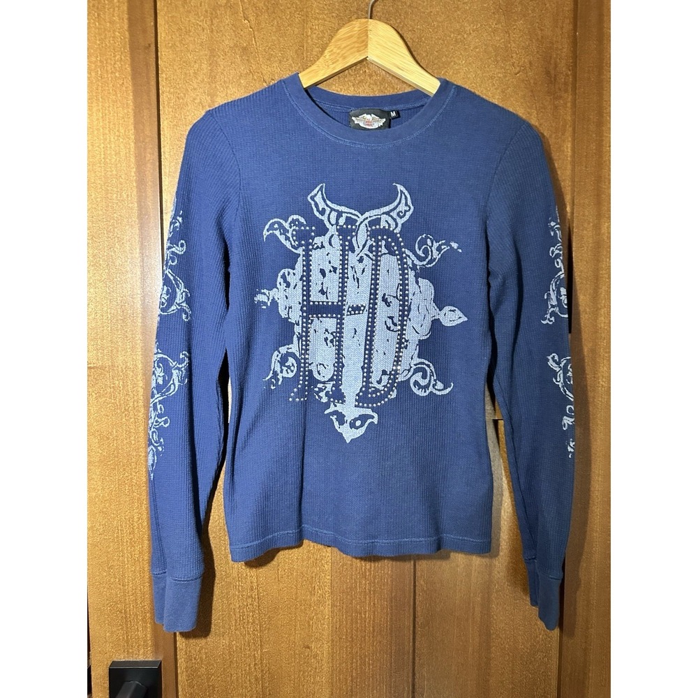 Harley-Davidson Thermal Shirt Womens Medium Blue Long Sleeve Graphic Logo Y2K